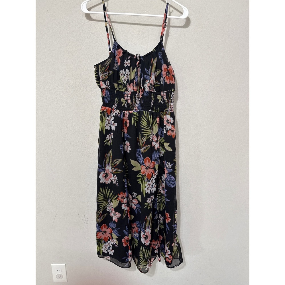 Patrons of Peace‎ Midi Dress Women Small Black Floral Tropical Smocked Slit Boho